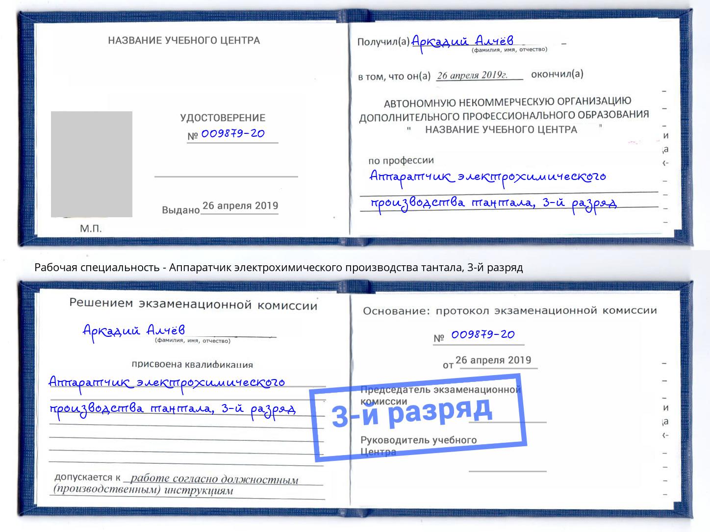 корочка 3-й разряд Аппаратчик электрохимического производства тантала Симферополь